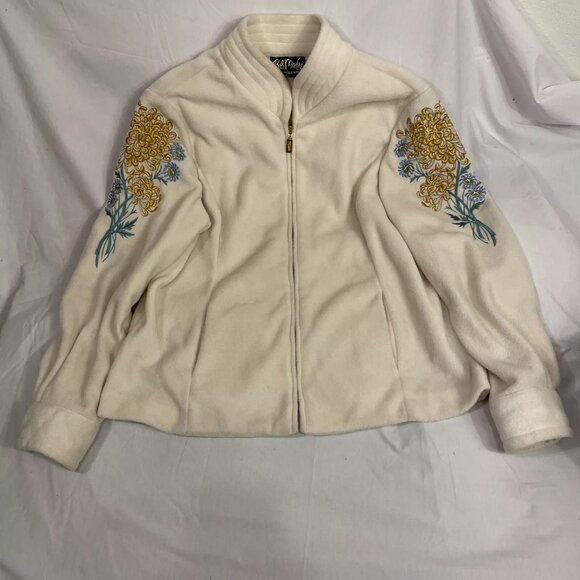 Bob Mackie Wearable Art Jacket Size L Embroidered Floral Full Zip Fleece Cream - Picture 2 of 14
